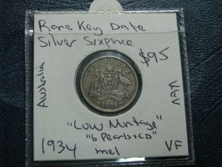 Australia 1934 Silver Sixpence Coin King George V Very Fine Rare Key Date L49