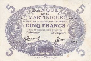 5 Francs Vg Banknote From French Martinique 1934 Pick - 6 Rare