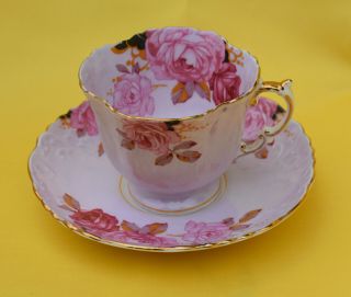 Aynsley Tea Cup And Saucer Large Cabbage Rose Htf Rare Footed Square Pink Black