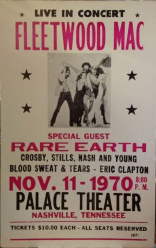 Fleetwood Mac Concert Poster - W/ Rare Earth Csny Eric Clapton - 14 " X22 "