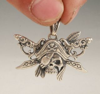 Rare Chinese 925 Silver Pendant Statue Old Hand - Made Winged Skull Exorcist Gift