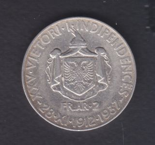 1912 - 1937 Albania.  2 Fr.  Ar.  Silver Coin 10 Gr Rare.  See The Picture.  Nabc