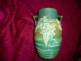 Rare Orig.  Silver Tin Label 1934 8 1/4 " Roseville Art Pottery Green Luffa Vase