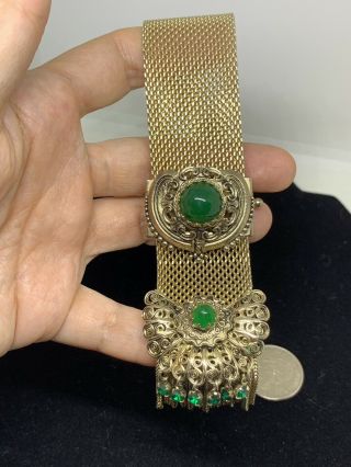 Vintage Rare Adjustable Victorian Style Meshed Gold Tone Faux Jade Bracelet