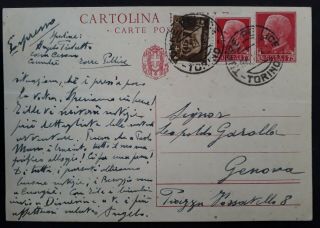 Rare 1942 Italy Postcard Ties 3 Stamps Canc Torre Pellice Torino To Genova