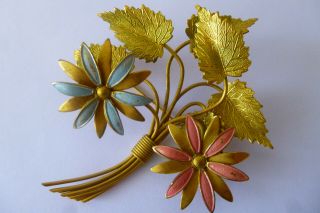 Vintage Old Rare Gilt Leafs With Gilt Hand Painted Petals Charles Horner Brooch
