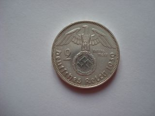 2 Reichsmark 1939 J German Hitler Silver Coin Third Reich Nazi Swastika Xxx - Rare