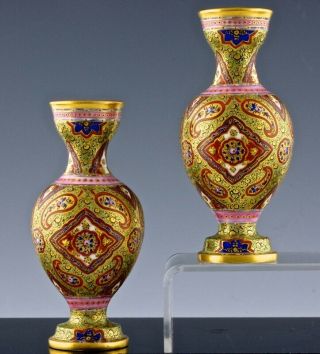 Very Rare Pair C1870 Coalport Cashmere Enamel Porcelain Cabinet Miniature Vases