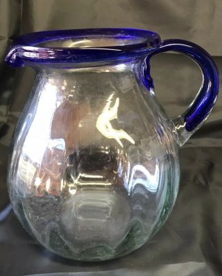 Vtg Rare Hand Blown Cobalt Blue Rim & Handle Mexican Glasswarepitcher Jug