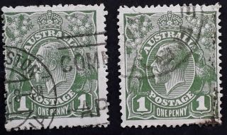 Rare 1926 - Australia 2 X 1d Green Kgv Stamp Smwmk Varieties Ferns& Retouch
