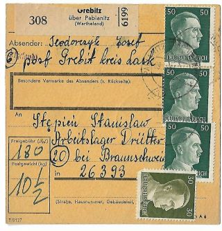 Rare Mail Postcard Sent From Poland To Germany With Four Hitler Stamps