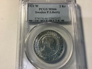 Sweden - Gustav V,  1921 - W 2k Two Kronor Silver Coin Certified Pcgs Ms 66 Rare