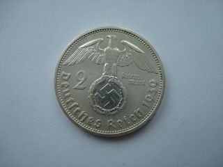 2 Reichsmark 1939 - F German Hitler Silver Coin Third Reich Nazi Swastika Xx - Rare