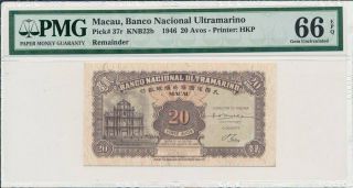 Banco Nacional Ultramarino Macau 20 Avos 1946 Rare Pmg 66epq