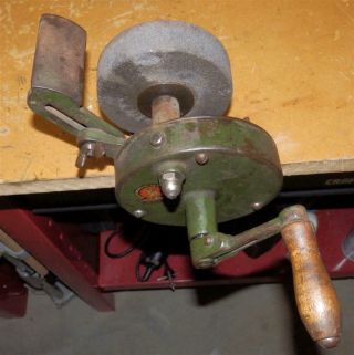 Vintage Antique Work Bench Mounted Hand - Crank Grinding Wheel Rare Well