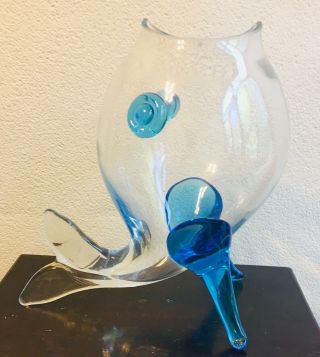 Vintage Empoli Art Glass Fish Vase Blue And Clear Rare 12.  " Tall - 1960’s