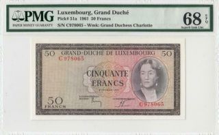 1961 Grand Duche De Luxembourg 50 Francs X - Rare ( (pmg 68 Epq))