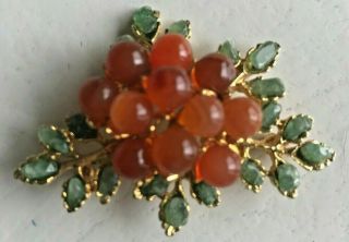 Rare Vintage Signed Swoboda Jade & Red Coral Leaves & Berries Bunch Brooch Pin