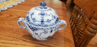 Rare Royal Copenhagen Signed Blue Fluted Lace Handled Sugar Bowl With Finial