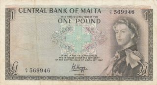 1 Pound Fine,  Banknote From Malta 1967 Pick - 29 Rare