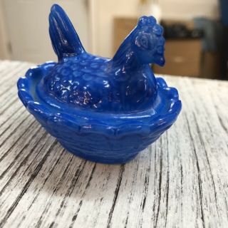 Rare Adorable Miniature Vintage Cobalt Blue Carnival Glass Chicken Roasting Dish