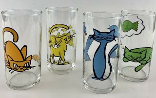 Rare 4 Libbey Vintage MCM Cat Feline Antics Juice Cocktail Glasses 8 Oz.  Glass 4