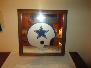 Rare Htd Vintage Wooden Framed Mirrored Glass Dallas Cowboys Helmet Logo 70 