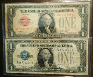 1928 $1 Red Seal / 1928 A $1 Blue Seal - Two Rare Bills - Same In Picture