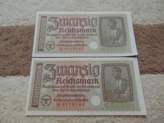 Rare German 3.  Reich 20 Mark 1939 Consecutive Sequence Number (without Recovery)