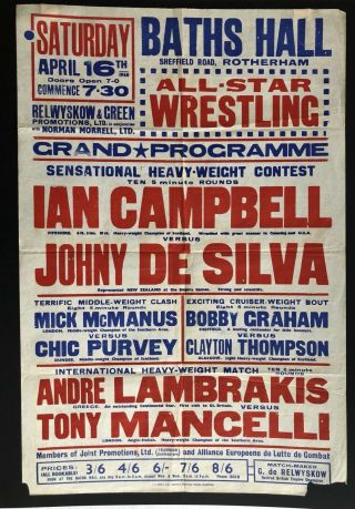 1960s British Wrestling Poster - Very Rare - Ian Campbell - Johnny Da Silva