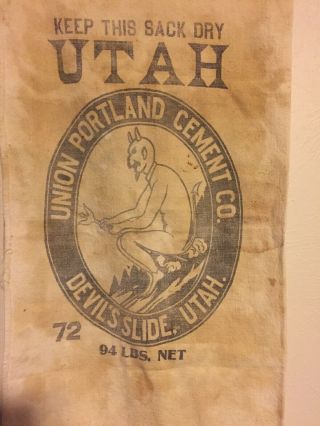 Rare Vintage Union Portland Cement Co Devil’s Slide,  Utah Cement Sack Cloth Bag