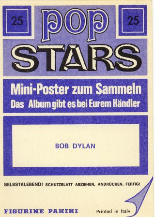 BOB DYLAN rare 1975 Sticker,  Panini Pop Stars 25,  Italy,  3x6 inches 2