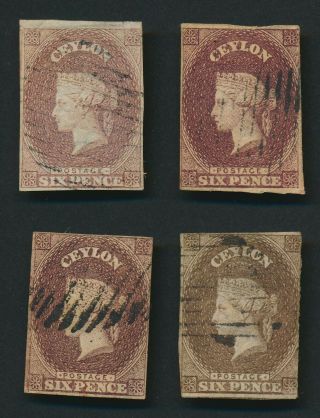 Ceylon Stamps 1857 Qv Chalon Heads 6d Imperf X4 Sg 6 Shades,  Rare Group