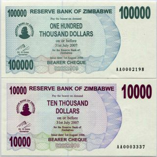Zimbabwe Set 2 Unc 10,  000 100,  000 Dollars 2007 P 46a 48a Without Space Rare