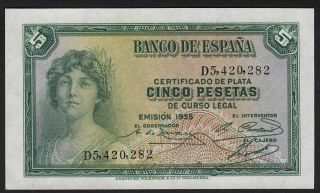 1935 5 Pesetas Spain Vintage Paper Money Rare Old Banknote Currency P 85a Unc