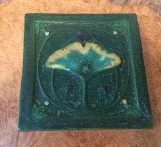 Ephraim Faience Pottery Ginkgo Leaf Arts & Crafts Mission Style Tile 6” Rare