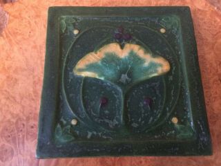 Ephraim Faience Pottery Ginkgo Leaf Arts & Crafts Mission Style Tile 6” Rare 2