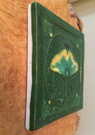 Ephraim Faience Pottery Ginkgo Leaf Arts & Crafts Mission Style Tile 6” Rare 7