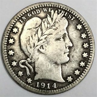 1914 - S Barber Quarter Coin Rare Date Full Liberty