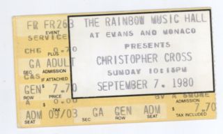 Rare Christopher Cross 9/7/80 Denver Co Rainbow Music Hall Ticket Stub
