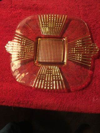 Rare Gold Yellow Depression Glass Cake Plate Art Deco Sawtooth Elegant Handles (