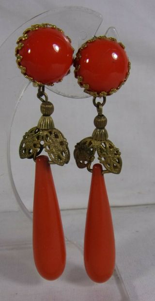 Vintage Rare Miriam Haskell Gold Filigree Faux Coral Dangle Earrings Clip On