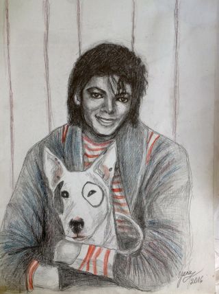 Michael Jackson Drawing Painting Thriller 1984 With His Bull Terrier Dog Rare