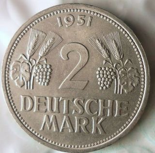 1951 F Germany 2 Marks - Rare Type - High Value Great Coin - German Bin 10