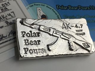 Polarbearpours Rare Hand Poured Silver Bar The Ak 4.  7 Troy Oz.  999 Bullion