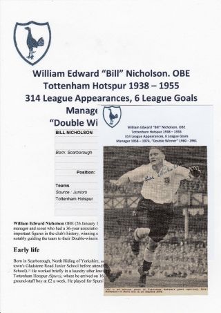 Bill Nicholson Tottenham Hotspur 1938 - 55 Rare Signed Newspaper Cutting