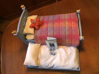 American Girl Doll Wooden Trundle Bed & Bedding Set Quilt Blue Moon & Star - Rare