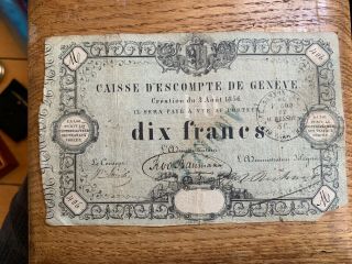 Switzerland Geneva Rare Caisse D Esompte 10 Francs 1856 Banknote Annule