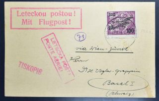 Czechoslovakia Via Austria To Suisse 1926 Rare Early Airmail Flight Card,  Cssr
