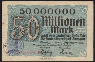 1923 50 Million Mark Saulgau Germany Rare Old Vintage Emergency Money Banknote F